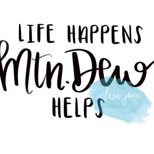 May include: Black and white handwritten text that reads "Life happens with God helps" with a blue watercolor background and the text "Eliza Jane Lettering" in white.