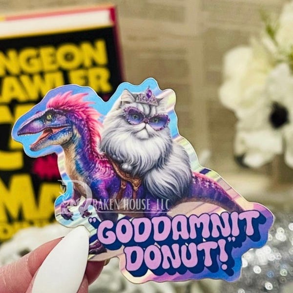 Pegatina de Carl Dungeon Crawler: Princesa Donut y Velociraptor Mondo. Pegatina divertida de gato y libros, merchandising de LitRPG, vinilo impermeable.