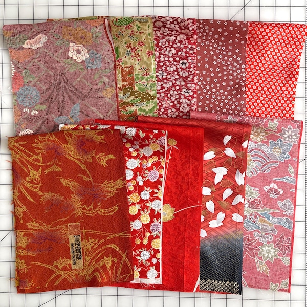 Set of 10 vintage silk kimono Fabrics,  Scraps, F-15