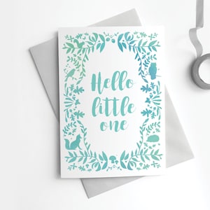 Carte de félicitations pour bébé animaux de la forêt - Bonjour tout-petit, renard des bois, hibou, menthe, neutre sexiste, calligraphie moderne unisexe
