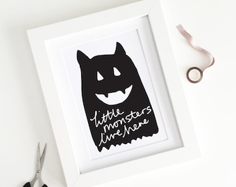 Halloween Print / Little Monsters Live Here - Instant Download Printable - Black Orange Spooky Cute Party Decor Trick or Treat