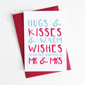 Tarjeta de felicitación navideña para el primer aniversario de bodas de un matrimonio feliz.