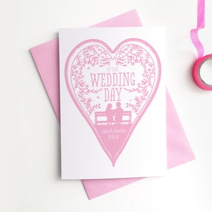 Cartão de casamento personalizado - Coração de casamento, pássaros, natureza, confete, estilo Rob Ryan, cartão comemorativo personalizado com recorte de papel
