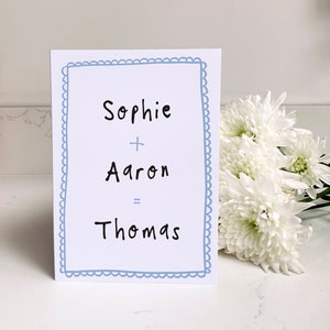 Carte personnalisée pour nouveau-né - Prénom + Prénom = Prénom du bébé, Bleue, Simple, Moderne, Manuscrite
