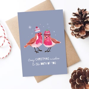 Carte de Noël de vous deux - Robin, belle-fille, gendre, partenaire, couple spécial, mignon, paillettes, couple gay, bonnet à pompon, aquarelle