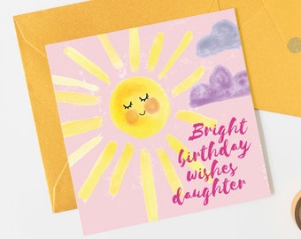 Sunshine Daughter Birthday Card - Girls First Birthday 1st 2nd 3rd 4th 5th 6th 7th 8th Birthday Cute Watercolour You Are My Sunshine Pink