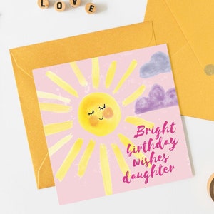 Cartão de aniversário da filha Sunshine - Primeiro aniversário da menina 1º 2º 3º 4º 5º 6º 7º 8º aniversário, aquarela fofa, você é meu raio de sol rosa