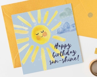 You Are My Sunshine Son Birthday Card - Boys First Birthday 1st 2nd 3rd 4th 5th 6th 7th 8th Birthday Cute Watercolour Bright Cheerful