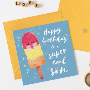 Cartão de aniversário de filho super legal - meninos adolescentes 1º, 2º, 3º, 4º, 5º, 6º, 7º e 8º aniversário, pirulito de gelo aquarela fofo, verão, bebê