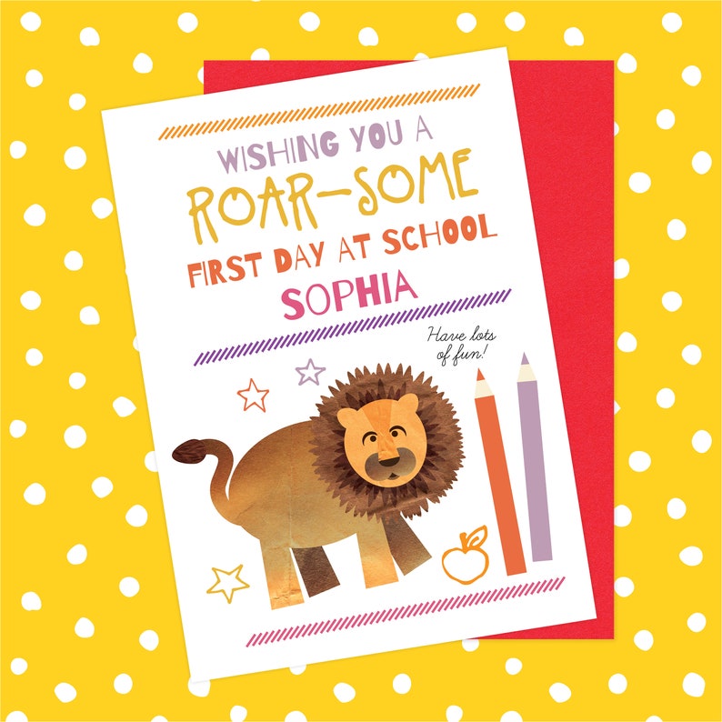 Personalised First Day Of School Good Luck Card Custom Card, Lion, Kids Name Card, Be Brave, Starting School, New School image 2