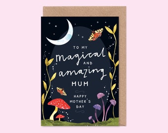 Tarjeta de hongo polilla mamá mágica: hongo venenoso, magia, brujería, vida silvestre, bosque, polilla tigre, naturaleza salvaje, cuento de hadas, amante de la naturaleza