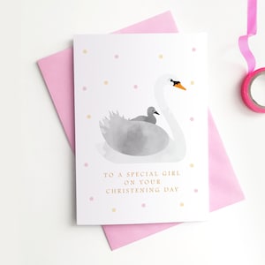 Tarjeta de bautizo para niña: cisne adorable, no religiosa, ahijada, ahijado, padres guía, ceremonia de nombramiento, clásica, elegante, patos, cisne