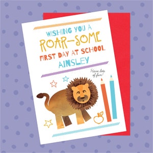 Personalised First Day Of School Good Luck Card Custom Card, Lion, Kids Name Card, Be Brave, Starting School, New School image 1