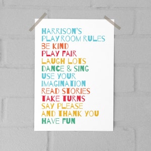 May include: A colourful printable poster with the text "HARRISON'S PLAY ROOM RULES" and a list of rules for children, including "Be Kind", "Play Fair", "Laugh Lots", "Dance & Sing", "Use Your Imagination", "Read Stories", "Take Turns", "Say Please", "And Thank You", and "Have Fun".