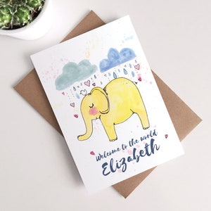 Tarjeta personalizada para bebé recién nacido: elefante, bienvenida, género neutro, linda ilustración para guardería, bebé niño niña, felicitaciones para recién nacido.