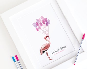 Personalised Flamingo Fingerprint Guestbook Print - Birthday Baptism Christening Baby Shower Party Baby Girl Pink