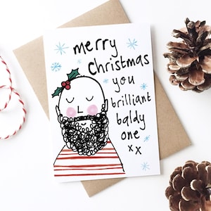 Weihnachtskarte mit Glatzkopf - Niedlich, Lustig, Bärtig, Baldy, Gutaussehend, Mann, Freund, Love You, Ginger, Schwarz, Asiatisch