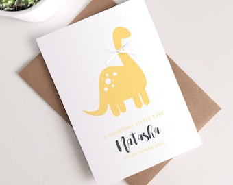Personalisierte Gender Neutral New Baby Card - Cute Dino Roarsome Yellow Ribbon Greetings Card