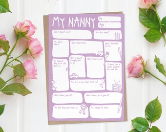 Nanny Mother's Day / Birthday Card - Fill In The Blanks Interview Q&A Keepsake Gift Custom Cute Funny Modern Greetings Card