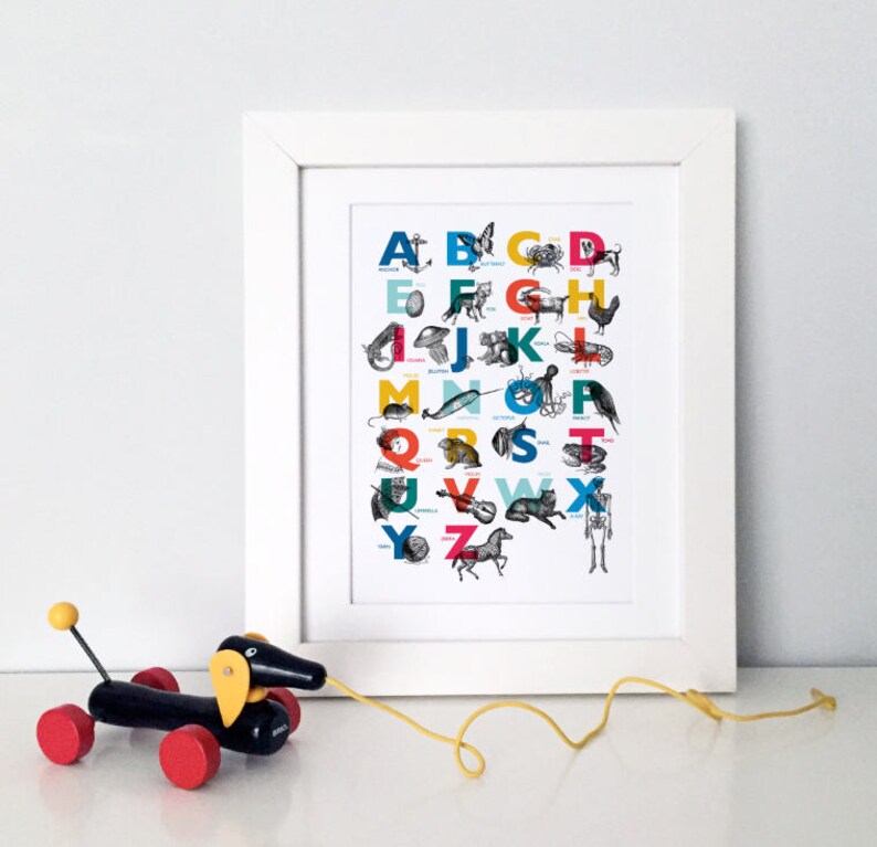 Vintage Alphabet Printable Art A4 PRINT Childrens ABC Animal Nursery Bold Bright Gill Sans Typography Wall Art Print image 1