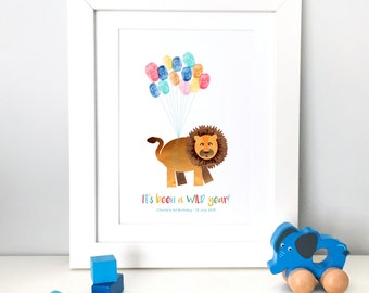 Personalised / Customised First Birthday Party Print - Printable Jungle Safari Lion Thumbprint Guest Book