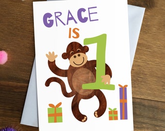 Personalised Girls 1st Birthday Card - Custom Baby Milestone Celebration Greetings Card - Monkey Safari Jungle Theme