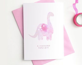 New Baby Girl Card - Dinosaur Welcome Cute Nursery Illustration Baby Shower Newborn Congratulations Little One Watercolour Minimalist