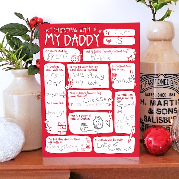 Daddy Christmas Card - DIY Keepsake Cute Questions & Answer Interview Holiday Traditional Funny Toddler Kids Colour In Memory Box