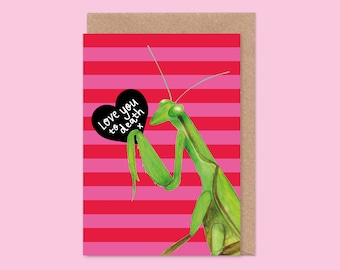 Funny Praying Mantis Valentine's / Anniversary Card - I Love You To Death, Husband, Boyfriend, Fiancé, Insect, Jungle, Mantid, Wedding