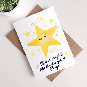 Cartão de motivação personalizado - Shine Bright Little Star Inspiração de incentivo Boa sorte na escola Aquarela