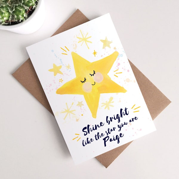 Personalised Motivation Card - Shine Bright Little Star Encouragement Inspiration Good Luck School Watercolour