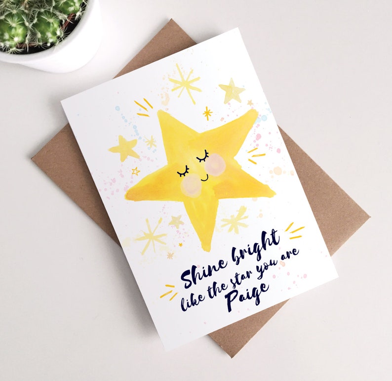 Personalised Motivation Card Shine Bright Little Star Encouragement Inspiration Good Luck School Watercolour image 1