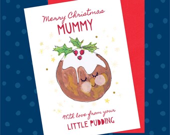 New Mummy Christmas Card - Little Pudding, 1st, Glitter, First Christmas as a Mummy, Mum, Mom, Mommy, From Baby, From Bump, Keepsake