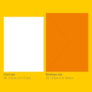 Op de afbeelding: Een witte rechthoekige kaart en een oranje envelop. De kaart is 12,5 cm breed en 17,2 cm hoog. De envelop is 13,3 cm breed en 18,4 cm hoog. De tekst Card size W 12.5cm x H 17.2cm en Envelope size W 13.3cm x H 18.4cm is duidelijk zichtbaar.