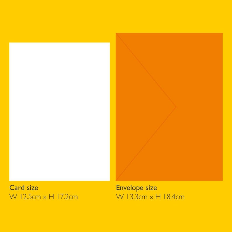 Op de afbeelding: Een witte rechthoekige kaart en een oranje envelop. De kaart is 12,5 cm breed en 17,2 cm hoog. De envelop is 13,3 cm breed en 18,4 cm hoog. De tekst Card size W 12.5cm x H 17.2cm en Envelope size W 13.3cm x H 18.4cm is duidelijk zichtbaar.
