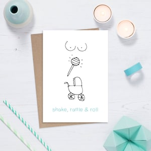 Borstvoeding nieuwe baby-/babyshowerkaart - grappig schudden rammelaar en rolwagen borstvoeding Gefeliciteerd welkom baby vierde trimester