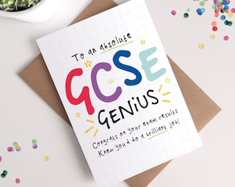 May include: A colorful card with the text "To an absolute GCSE GENIUS" and "Congrats on your exam results Knew you'd do a brilliant job!"  The card has a grid pattern and is decorated with yellow stars.