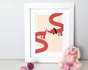 Sausage Dog Print, Retro Wiener Dog, Dachshund Print, Printable Art, Cute Kids Room Decor, Bathroom Art, Retro Vintage Illustration, Doxie