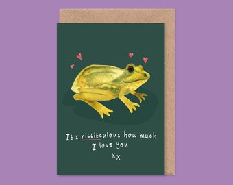 Tarjeta de San Valentín/Aniversario con una linda rana: Te amo, Anfibio, Divertido, Juego de palabras, Boda, Esposo, Esposa, Novio, Novia