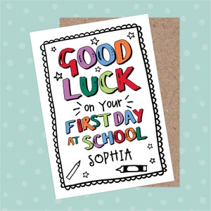 Tarjeta personalizada de primer día de clases: buena suerte, nuevo colegio, regreso a clases, escuela grande, inicio de clases, instituto, profesor