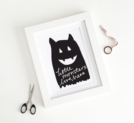 Halloween Print / Little Monsters Live Here - Instant Download Printable - Black Orange Spooky Cute Party Decor Trick or Treat