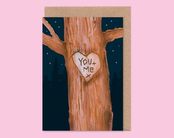 You + Me Tree Valentine's / Anniversary Card - Carving, Romantic, Forest, Night Sky, Husband, Boyfriend, Girlfriend, Wife, Forever