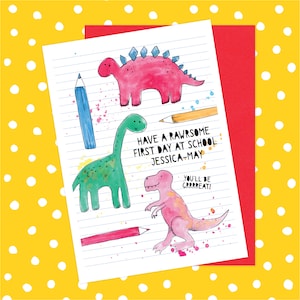 Carte personnalisée Premier jour à l'école - Dinosaures, bonne chance, nouvelle école, rentrée des classes, grande école, rentrée des classes. Personnalisé, nouveau professeur