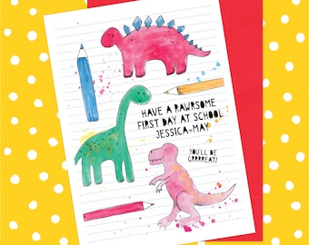 Personalised First Day At School Card - Dinosaurs, Good Luck, New School, Back To School, Big School, Starting School. Custom, New Teacher