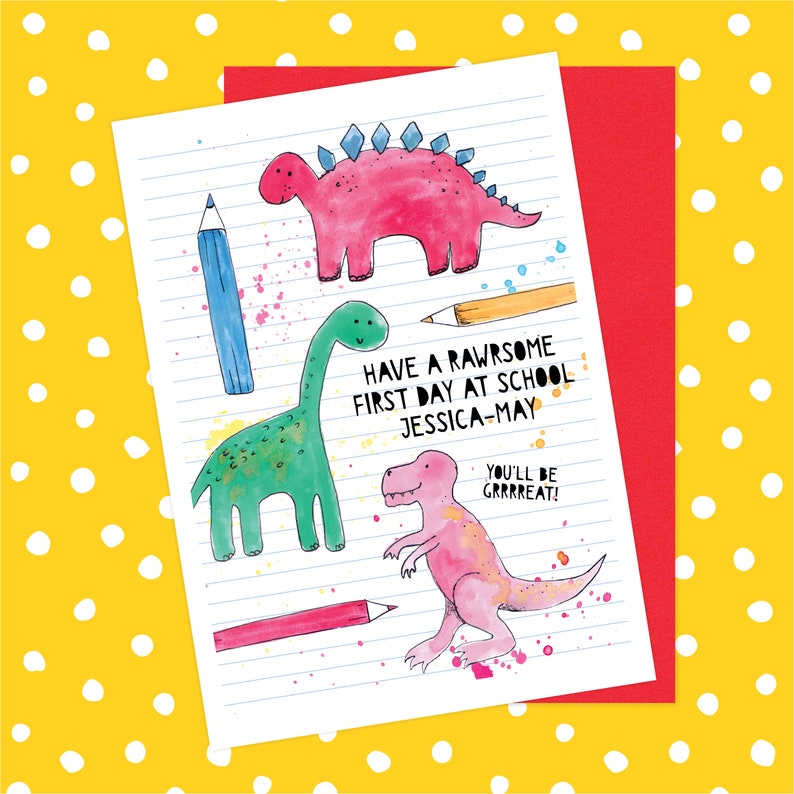 Personalised First Day At School Card Dinosaurs, Good Luck, New School, Back To School, Big School, Starting School. Custom, New Teacher image 1