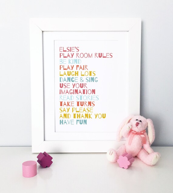 Personalised Play Room Rules Print - Custom Nursery Bedroom Wall Art - Monochrome Black White Rainbow Kids Cute Typographic Print