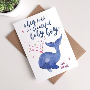 Biglietto di auguri per neonato - Balena di benvenuto, illustrazione carina per la cameretta dei bambini, baby shower, congratulazioni per il piccolo.