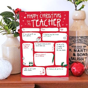 Kerstkaart voor leraar - doe-het-zelf aandenken Leuke vragen en antwoorden Interview Feestdag Traditioneel grappig kinderen Kleur in geheugendoos