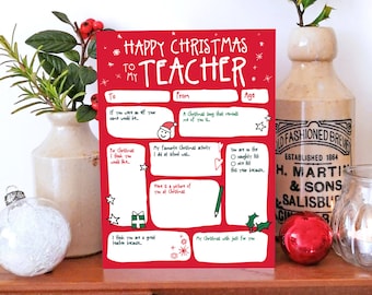 Teacher Christmas Card - DIY Keepsake Cute Questions & Answer Interview Holiday Traditional Funny Kids Colour In Memory Box
