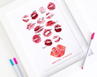 Personalised Hen Party Lipstick Kisses Guestbook - Hen Do Batchelorette Kitchen Tea Bridal Shower Thumbprint Fingerprint